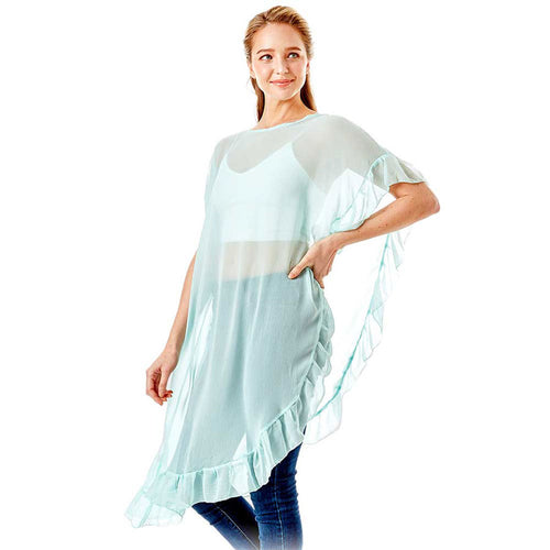 Solid Color Half Ruffled Cover Up Poncho - Mint