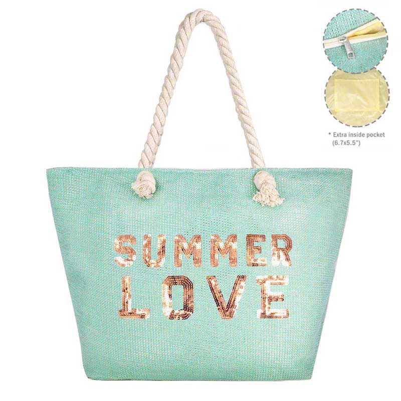 Mint Summer Love Message Glitz Beach Tote Bag, Whether you are out shopping, going to the pool or beach, this tote bag is the perfect accessory. Spacious enough for carrying all of your essentials. Perfect as a beach bag to carry foods, drinks, towels, swimsuit, toys, flip flops, sun screen and more. Gift idea for your loving one!