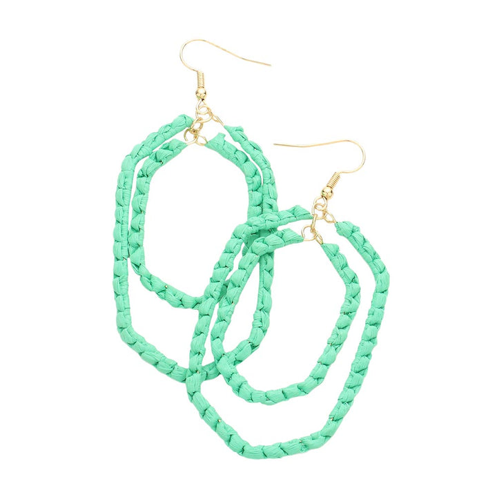 Mint Woven Raffia Double Open Hexagon Dangle Earrings, enhance your attire with these beautiful raffia earrings to show off your fun trendsetting style. Get a pair as a gift to express your love for any woman person or for just for you on birthdays, Mother’s Day, Anniversary, Holiday, Christmas, Parties, etc.