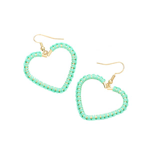 Mint Woven Thread Open Metal Heart Dangle Earrings, Take your love for statement accessorizing to a new level of affection with the heart dangle earrings. These earring crafted with Woven Thread and a heart design adds a gorgeous glow to any outfit. Adorable and will get you into that holiday mood in an instant! Wear these gorgeous earrings to make you stand out from the crowd & show your trendy choice this valentine.