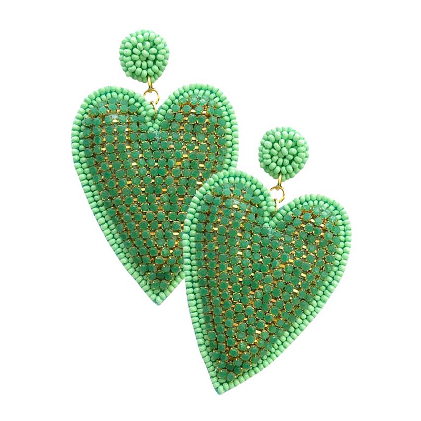Mint Felt Back Rhinestone Seed Beaded Heart Dangle Earrings, These gorgeous Rhinestone pieces will show your class on any special occasion. Take your love for accessorizing to a new level of affection with these seed-beaded heart-dangle earrings. Wear these lovely earrings to make you stand out from the crowd & show your trendy choice this valentine.