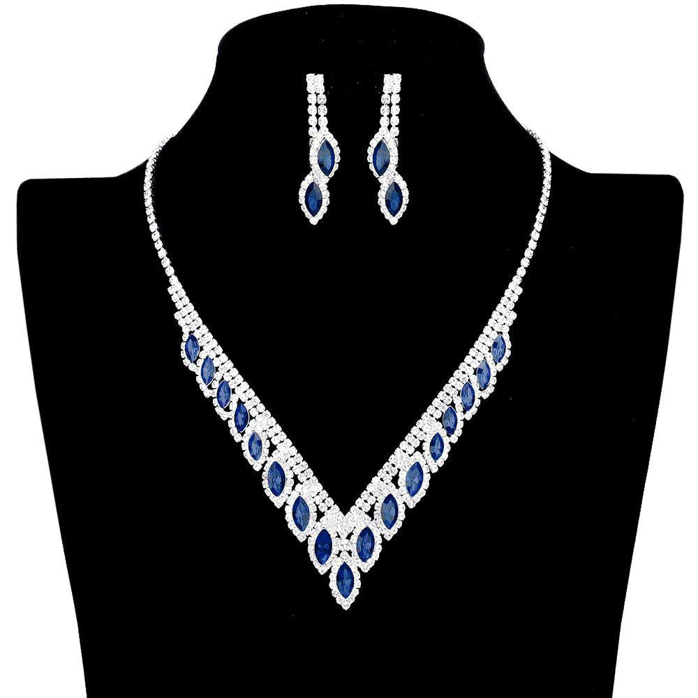 Montana Blue Marquise Stone Accented Rhinestone Necklace. These gorgeous Rhinestone pieces will show your class on any special occasion. The elegance of these rhinestones goes unmatched, great for wearing at a party! Perfect for adding just the right amount of glamour and sophistication to important occasions.