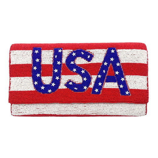 Multi American USA Flag Beaded Clutch Crossbody Bag. Look like the ultimate fashionista when carrying this small chic bag, great for when you need something small to carry or drop in your bag. Keep your keys handy & ready for opening doors as soon as you arrive. Perfect Birthday Gift, Anniversary Gift, Mother's Day Gift.