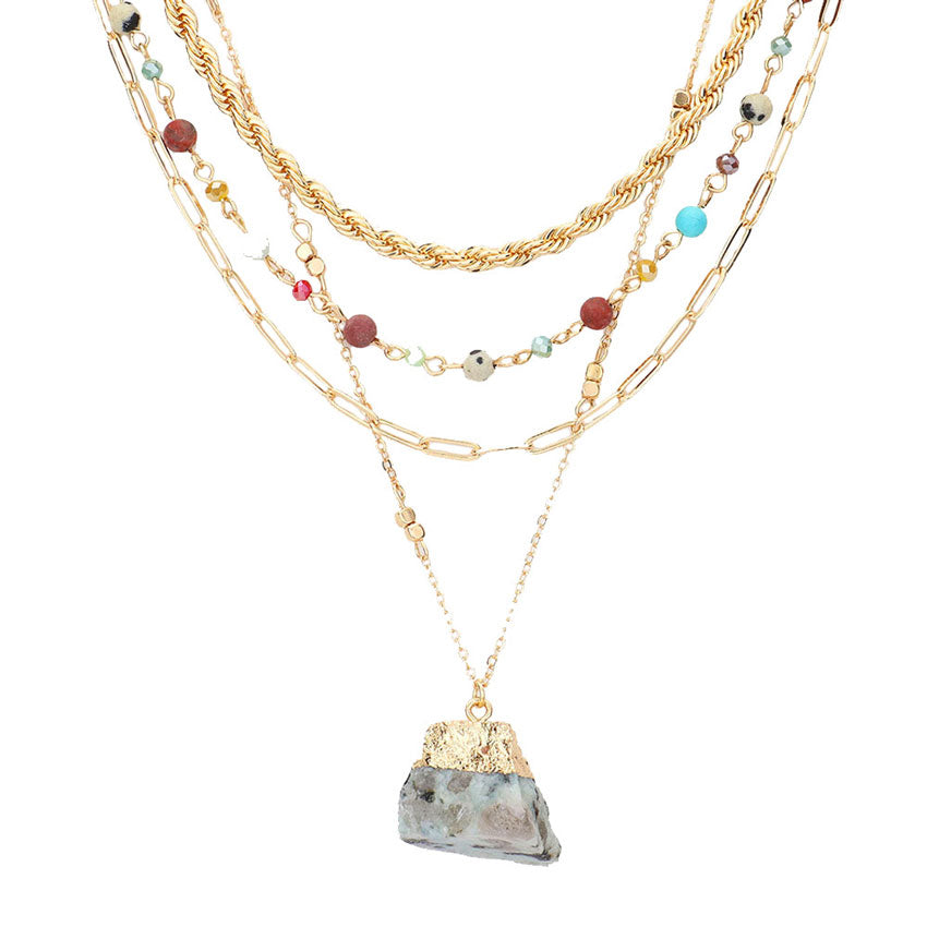 Multi Natural Stone Pendant Triple Layered Necklace, put on a pop of color to complete your ensemble. Perfect for adding just the right amount of shimmer & shine and a touch of class to special events. Perfect Birthday Gift, Anniversary Gift, Mother's Day Gift, Graduation Gift, Prom Jewelry, Thank you Gift.