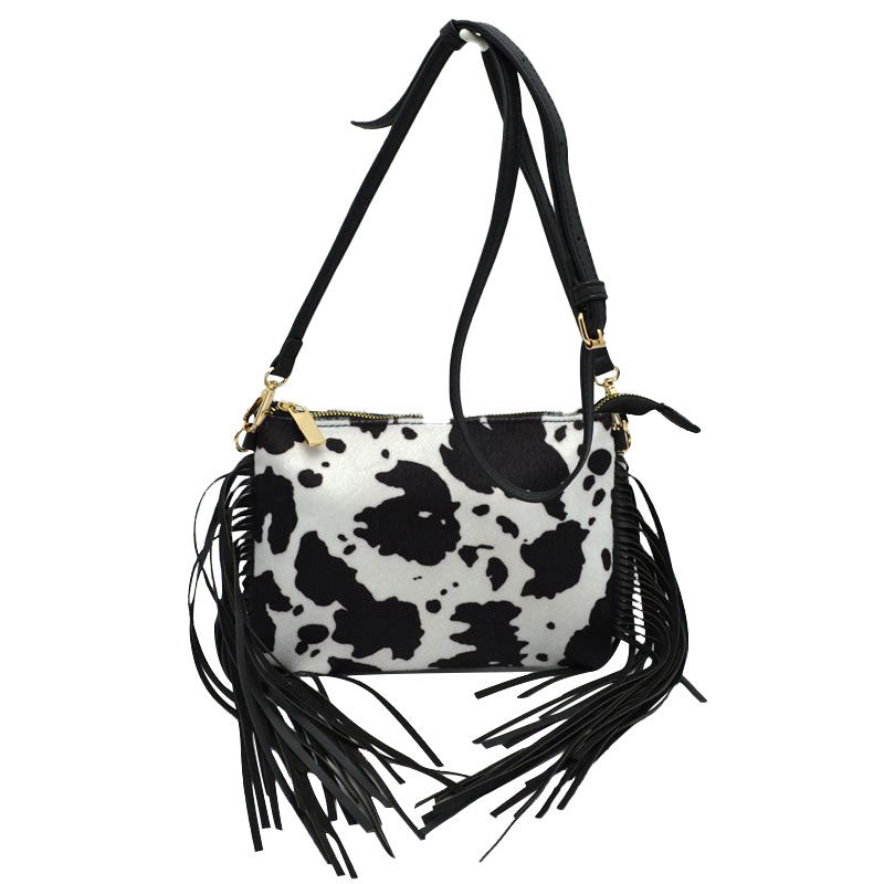 Crossbody Cow Print Front Zipper Tassel Bag With Adjustable Straps, 2 Colors