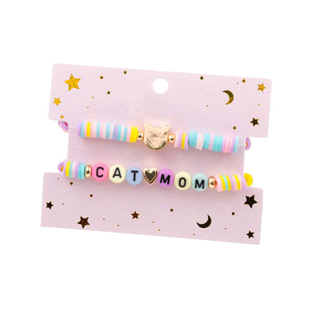 Multi  2PCS Cat Mom Heishi Beaded Stretch Bracelets. Simple sophistication gives a lovely fashionable glow to any outfit style for Your Mom. Make your mom feel special with this gorgeous Charm Bracelet gift! Her heart will swell with joy! Designed to enhance the look and add a gorgeous attractive shine to any clothing style. Perfect Birthday Gift, Anniversary Gift, Mother's Day Gift, Just Because Gift or Any Other Events.