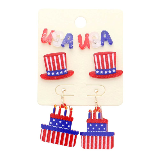 Multi 3Pairs American USA Flag Message Hat Cake Earrings, Look like the ultimate fashionista with these American USA Flag Message Hat Cake Earrings! Perfect gift for any national holiday and occasion. It's a Perfect birthday gift, anniversary gift, Mother's Day gift, holiday getaway, or any other occasion.