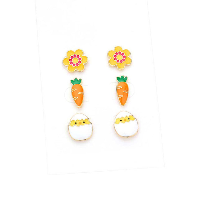 Multi 3Pairs Enamel Flower Carrot Easter Egg Stud Earrings, perfect for the festive season, embrace the Easter spirit with these cute enamel egg flower carrot earrings, these sweet delicate gift earrings are sure to bring a smile to your face. Surprise your loved ones on this Easter Sunday occasion. Great gift idea for Wife, Mom, or your Loving One.