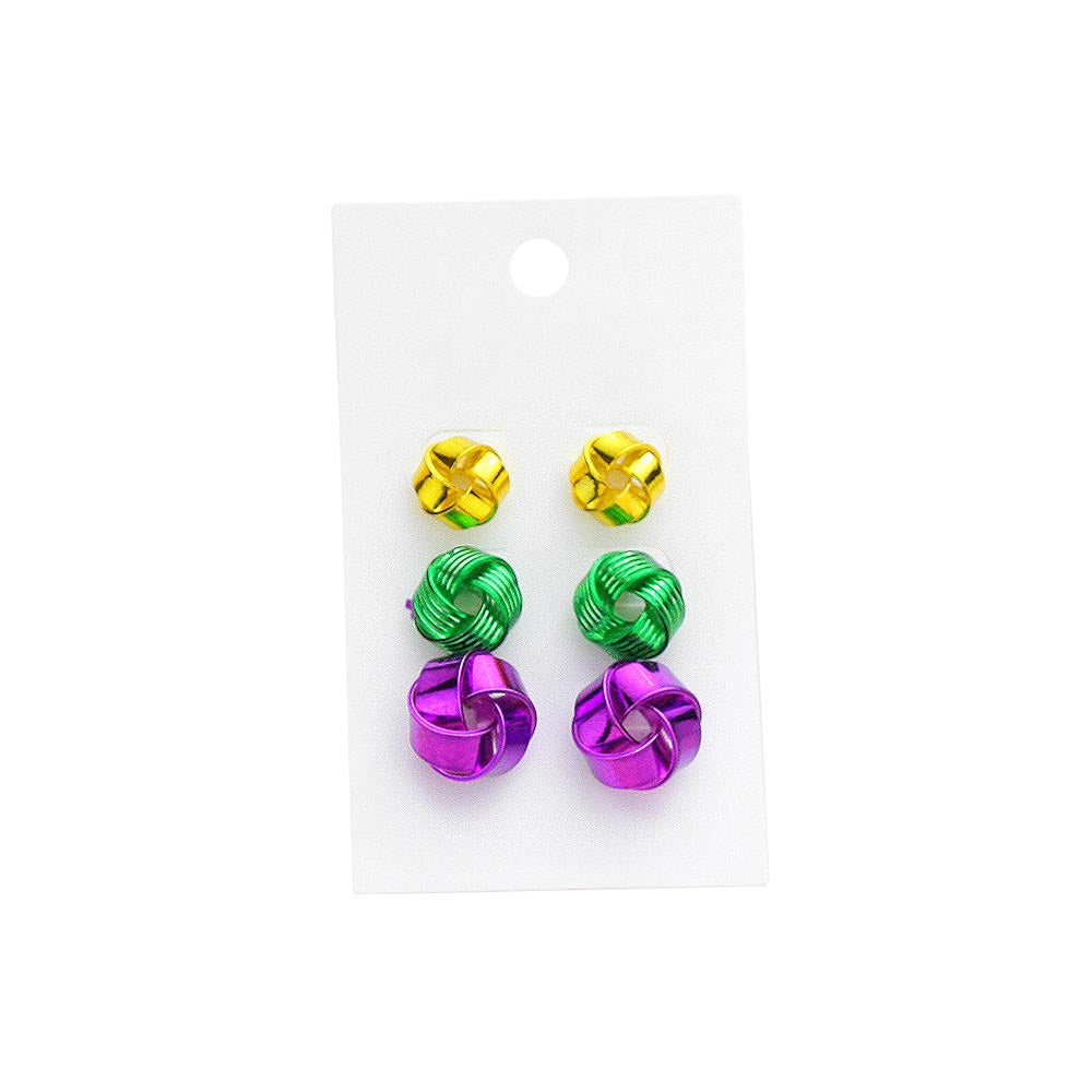 Multi 3Pairs Mardi Gras Knot Stud Earrings, turn your ears into a chic fashion statement with this mardi gras Knotted Earrings! Enhance your attire with these beautiful artisanal earrings to show off your fun trendsetting style. These earrings can match your carnival costume or dress and make you immersed in the carnival festival.