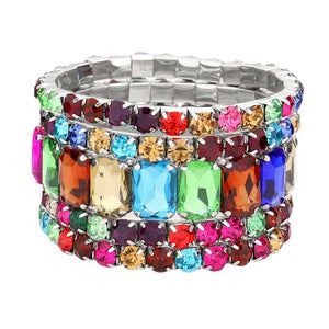 Multi 5PCS Rectangle Round Stone Stretch Multi Layered Bracelets, Add this 5 piece multi layered bracelet to light up any outfit, feel absolutely flawless. perfectly lightweight for all-day wear, coordinate with any ensemble from business casual to everyday wear, put on a pop of color to complete your ensemble. Awesome gift idea for birthday, Anniversary, Valentine’s Day or any special occasion.