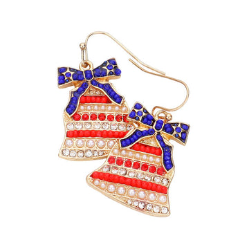 Multi American USA Flag Bow Bell Dangle Earrings, USA flag dangle earrings fun handcrafted jewelry that fits your lifestyle, adding a pop of pretty color. Show your love for our country with this sweet patriotic USA flag style American Flag Earrings. Featuring red, white and blue for a bit of fashionable fireworks flair. Enhance your attire with these vibrant artisanal earrings to show off your fun trendsetting style. Great gift idea for your Loving One.