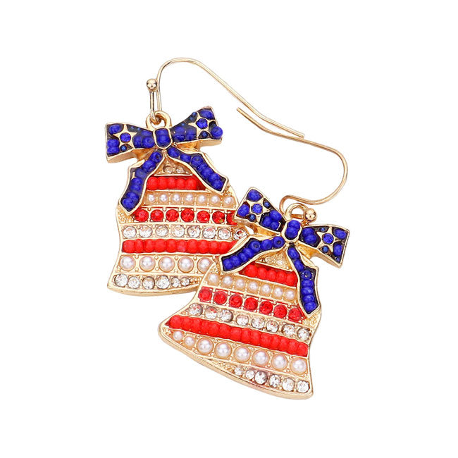 Multi American USA Flag Bow Bell Dangle Earrings, USA flag dangle earrings fun handcrafted jewelry that fits your lifestyle, adding a pop of pretty color. Show your love for our country with this sweet patriotic USA flag style American Flag Earrings. Featuring red, white and blue for a bit of fashionable fireworks flair. Enhance your attire with these vibrant artisanal earrings to show off your fun trendsetting style. Great gift idea for your Loving One.