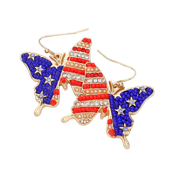 Multi American USA Flag Butterfly Dangle Earrings, simple sophistication makes a standout addition to your collection designed adds a pop of color to any outfit style, Show your love for our country with this sweet patriotic butterfly USA flag style American Flag dangle Earrings. Featuring red, white and blue for a bit of fashionable fireworks flair.