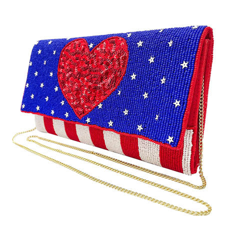 Multi American USA Flag Heart Seed Beaded Clutch Crossbody Bag. Look like the ultimate fashionista when carrying this small chic bag, great for when you need something small to carry or drop in your bag. Keep your keys handy & ready for opening doors as soon as you arrive. Perfect Birthday Gift, Anniversary Gift, Mother's Day Gift.