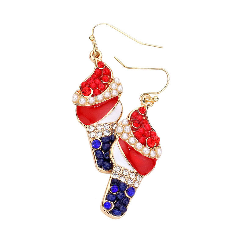 Multi American USA Flag Ice Cream Dangle Earrings. Show your love for our country with this  patriotic USA style American Flag Ice Cream Earrings. Featuring red, white and blue for a bit of fashionable fireworks flair. Lightweight and comfortable for wearing all day long. Goes with any of your casual outfits and Adds something extra special. Great gift idea for your Loving One.