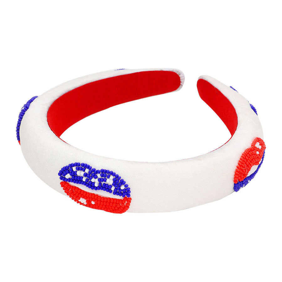 Multi American USA Flag Lip Beaded Headband, making you feel extra glamorous especially when crafted from beaded headband . Push back your hair with this headband, spice up any plain outfit! Be ready to receive compliments. Be the ultimate trendsetter wearing this chic headband with all your stylish outfits! Show your love for our country with this sweet patriotic USA flag style American Flag star headband. Featuring red, white and blue stars and beads for a bit of fashionable fireworks flair.