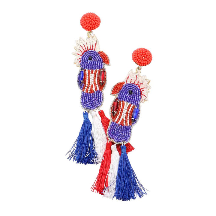 Multi American USA Flag Parrot Tassel Earrings, Seed Beaded Parrot Tassel earrings fun handcrafted jewelry that fits your lifestyle, adding a  red, white, and blue color. Enhance your attire with these vibrant artisanal earrings to show off your fun trendsetting style. Show your love for our country with this sweet patriotic heart USA flag style American Flag Parrot Beaded Tassel Earrings. Lightweight and comfortable for wearing all day long. Goes with any of your casual outfits 