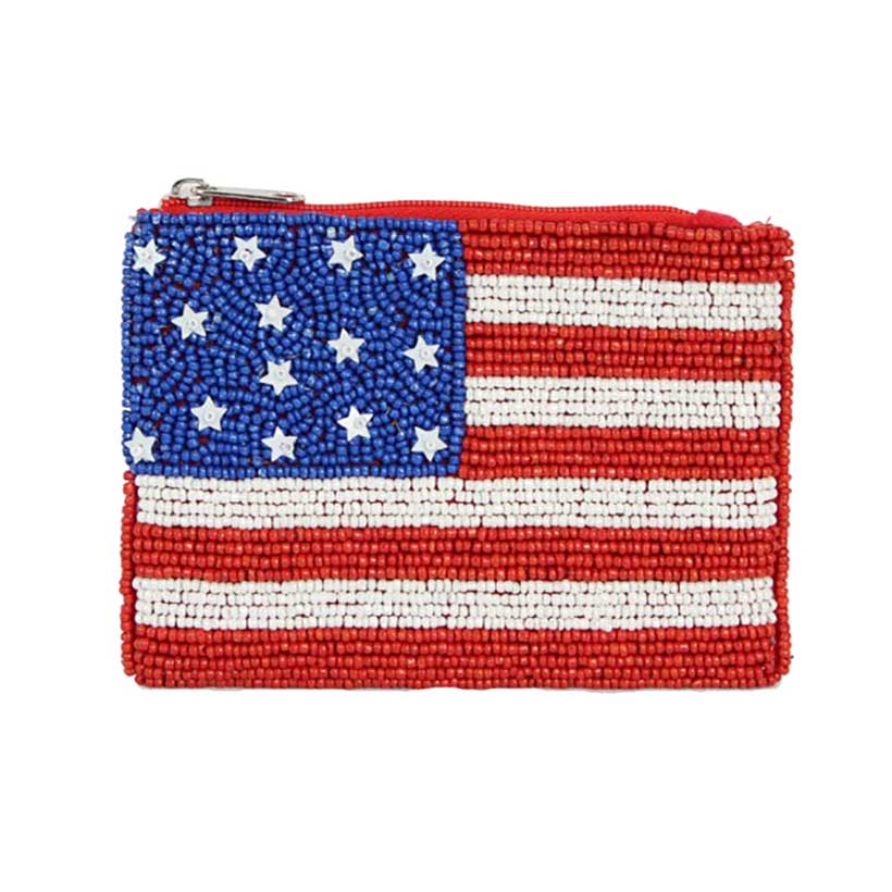 Multi American USA Flag Pattern seed Beaded Mini Pouch Bag, looks like the ultimate fashionista when carrying this seed beaded mini pouch bag, great for when you need something small to carry or drop in your bag. Show your love for Your country with this sweet patriotic American USA Flag Seed Beaded Mini Pouch Bag. Red, white, and blue are used for a trendy fireworks flare.