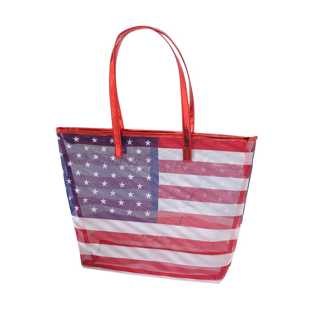 Multi American USA Flag Printed Beach Tote Bag, Tote your beach-bound essentials in a patriotic style tote done with an American USA flag exterior. Show your love for Your country with this sweet patriotic American USA Flag Print tote bag. It's a Perfect birthday, anniversary, Mother's Day gift, or any other occasion.