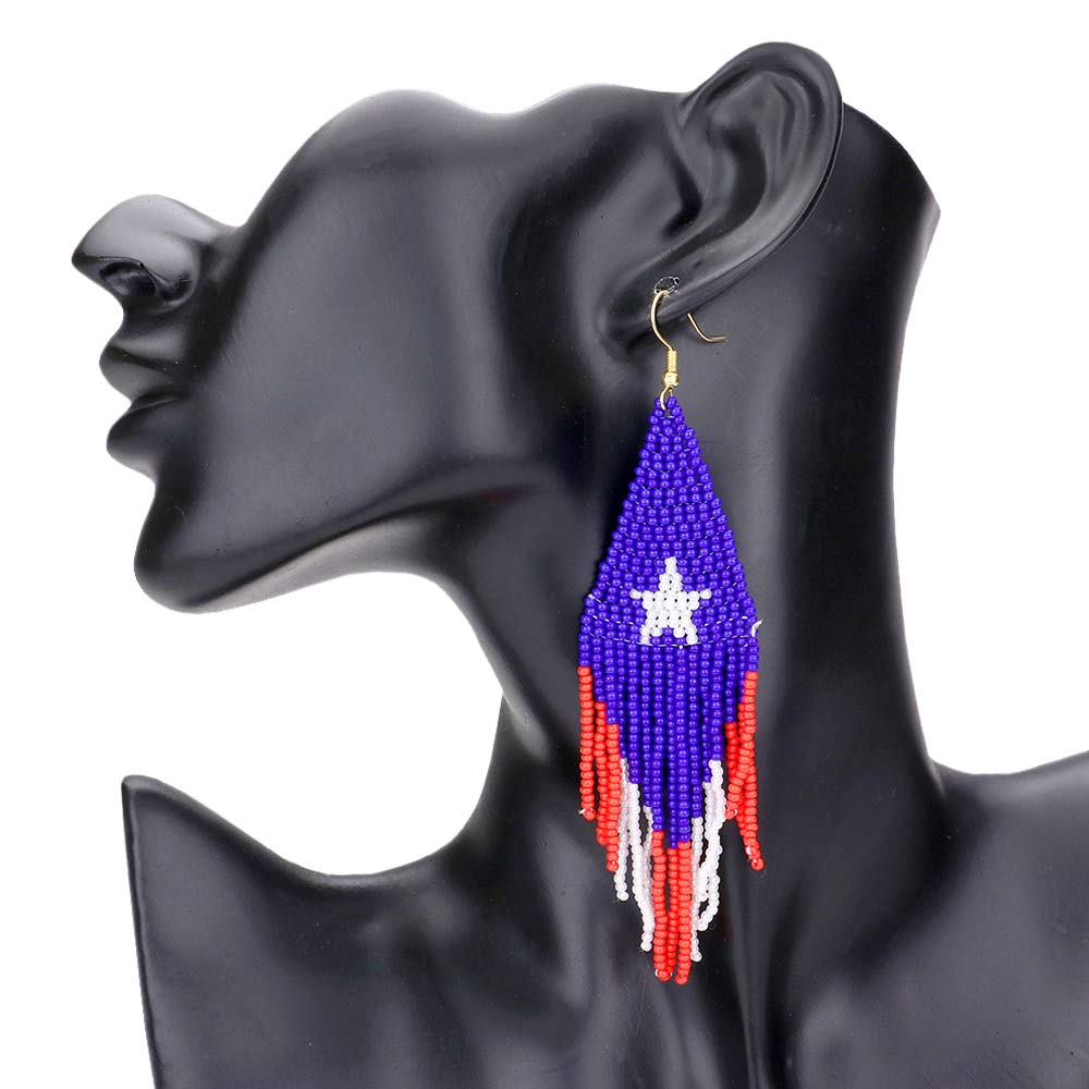 Multi American USA Flag Seed Beads Fringe Dangle Earrings, show your love for our country with these patriotic USA style American Flag Earrings. Featuring red, white, and blue for a bit of fashionable fireworks flair. These fringe themed earring rocks every party you attend.