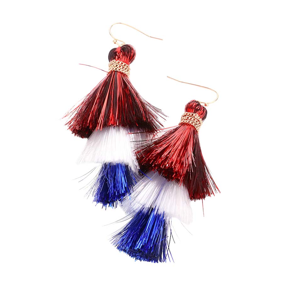Multi American USA Flag Triple Tassel Layered Dangle Earrings, Look like the ultimate fashionista with these American USA Flag Triple Tassel Layered Dangle Earrings! Perfect gift for any national holiday and occasion. It's a Perfect birthday gift, anniversary gift, Mother's Day gift, holiday getaway, or any other occasion.