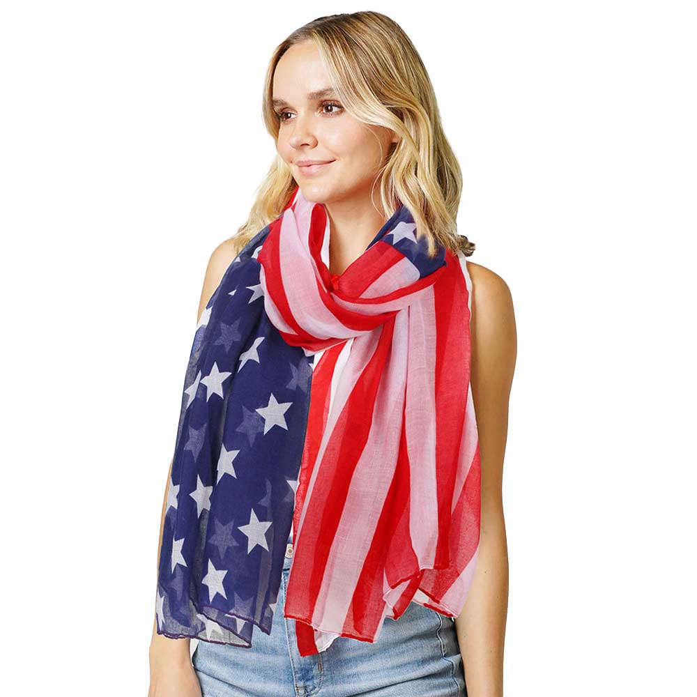 Multi American Usa Flag Printed Scarf, Show your love for your country with this sweet patriotic Outfit style American flag printed scarf. Featuring red, white, and blue stars and a bit of fashionable fireworks flair. Enhance your attire with these vibrant artisanal flag printed scarf to show off your fun trendsetting style.