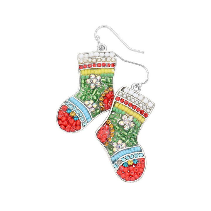 Multi Beaded Metal Christmas Socks Dangle Earrings. Beautifully crafted design adds a gorgeous glow to any outfit. Jewelry that fits your lifestyle! Perfect Birthday Gift, Anniversary Gift, Mother's Day Gift, Anniversary Gift, Graduation Gift, Prom Jewelry, Just Because Gift, Thank you Gift.