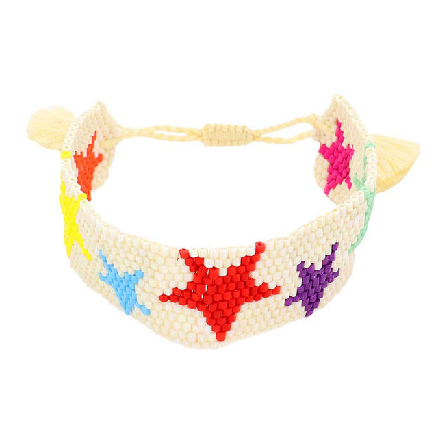 Multi Beaded Star Tassel Cinch Bracelet, add a a star theme to your outfit with this beautiful tassel charm bracelet. Adjustable Pull makes it easy to put on, be vacation ready with this cute bracelet. Perfect Birthday Gift, Mother's Day Gift, Anniversary Gift, Vacation Getaway, Thank you Gift, Nautical Bracelet. 