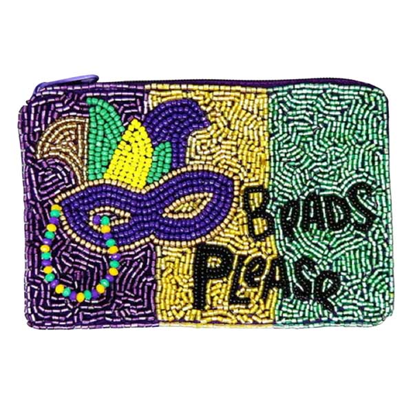 Multi Beads Please Mardi Gras Seed Beaded Coin Purse, Be the ultimate fashionista while carrying this trendy seed-beaded coin purse on this Mardi Gras! Great to carry something small or drop it in your bag. Perfect for carrying makeup, money, credit cards, keys or coins, & many more things. This coin purse features a top zipper closure for security. Perfect for the festive season.