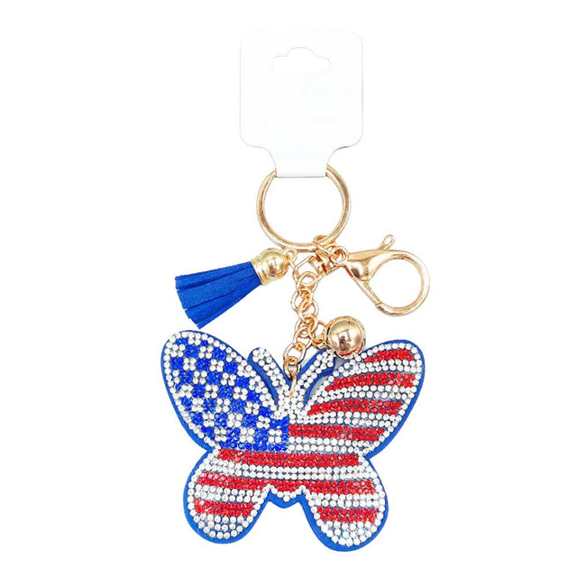 Multi Bling American USA Flag Butterfly Tassel Keychain, This butterfly-themed keychain is the best to carry around the keys to your treasure box or your hideout! It's an excellent gift for your friends, family, or loved ones to make them special on their birthdays, anniversaries, valentine's day, or other special days.