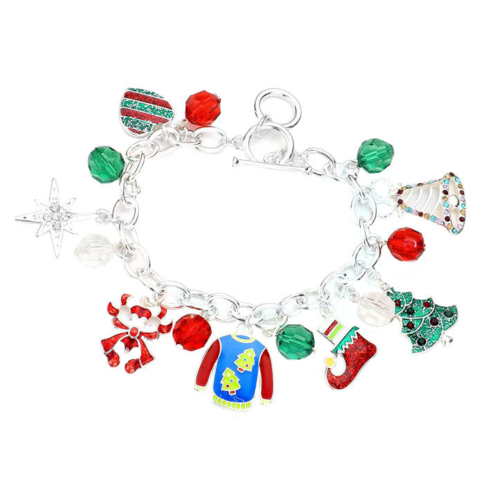 Multi Candy Cane Christmas Tree Heart Jingle Bell Charm Station Toggle Bracelet, Get ready with these Bracelet, put on a pop of color to complete your ensemble. Perfect for adding just the right amount of shimmer & shine and a touch of class to special events. Perfect Birthday Gift, Anniversary Gift, Mother's Day Gift.