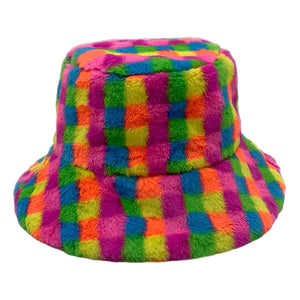 Multi Checkered Faux Fur Bucket Hat, Show your excellent choice with this chic Faux Fur Bucket Hat. Have fun and look Stylish anywhere outdoors. Great for covering up when you are having a bad hair day. Perfect for protecting you from the sun, rain, wind, snow, beach, pool, camping, or any outdoor activities. Amps up your outlook with confidence with this trendy bucket hat.