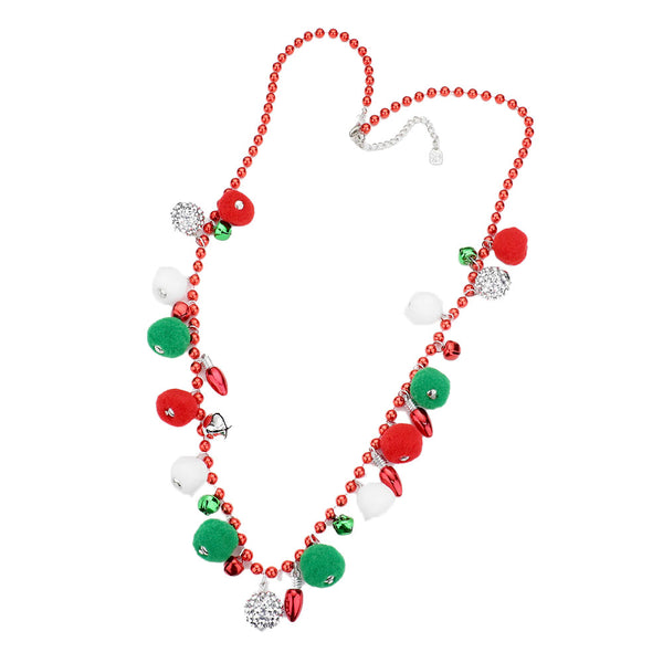 Multi Christmas Bulb Jingle Bell Pom Pom Station Long Necklace. Get ready for Christmas with this funky necklace. Carry the spirit of Christmas with you wherever you go. Perfect for spreading the joy of the holiday season and the right amount of shimmer & shine to your outfit. Awesome Christmas gift for your loved ones.