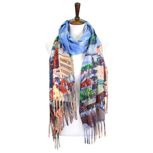 Multi City Landscape Painting Printed Scarf,  the perfect accessory, luxurious, trendy, super soft chic capelet, keeps you warm and toasty. You can throw it on over so many pieces elevating any casual outfit! Perfect Gift for Wife, Mom, Birthday, Holiday, Christmas, Anniversary, Fun Night Out! 
