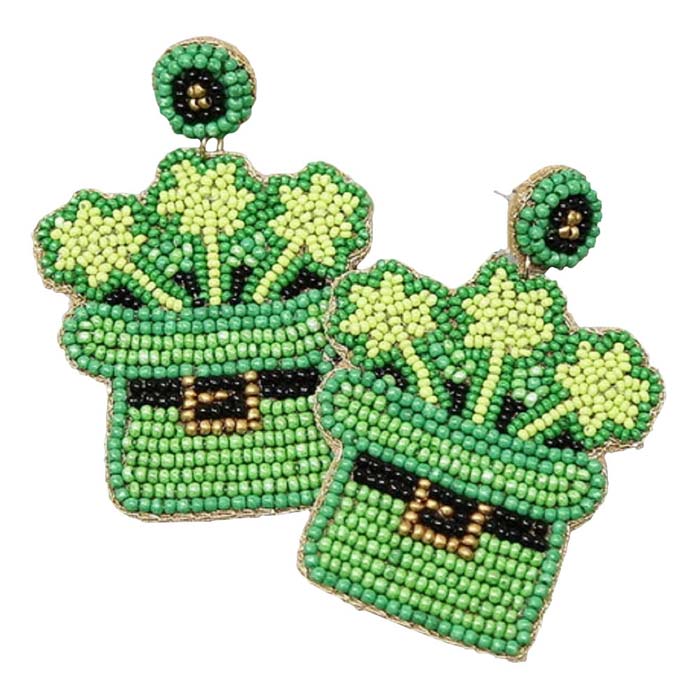 Multi Clover Leprechaun Hat Seed Beaded Drop Earrings, these awesome hat shoes clover glittered dangle earrings are a wonderful accessory for your St.Patrick's Day outfit or any other occasion. These playful clover leprechaun drop earrings feature seed-beaded design accents with a lucky green theme. This lightweight earring complements your St. Patrick's Day outfit.