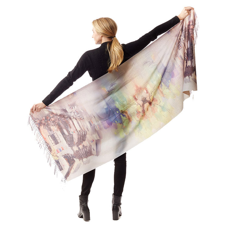 Multi Color Houses Oil Painting Printed Scarf, the perfect accessory, luxurious, trendy, super soft chic capelet, keeps you warm and toasty. You can throw it on over so many pieces elevating any casual outfit! Perfect Gift for Wife, Mom, Birthday, Holiday, Christmas, Anniversary, Fun Night Out