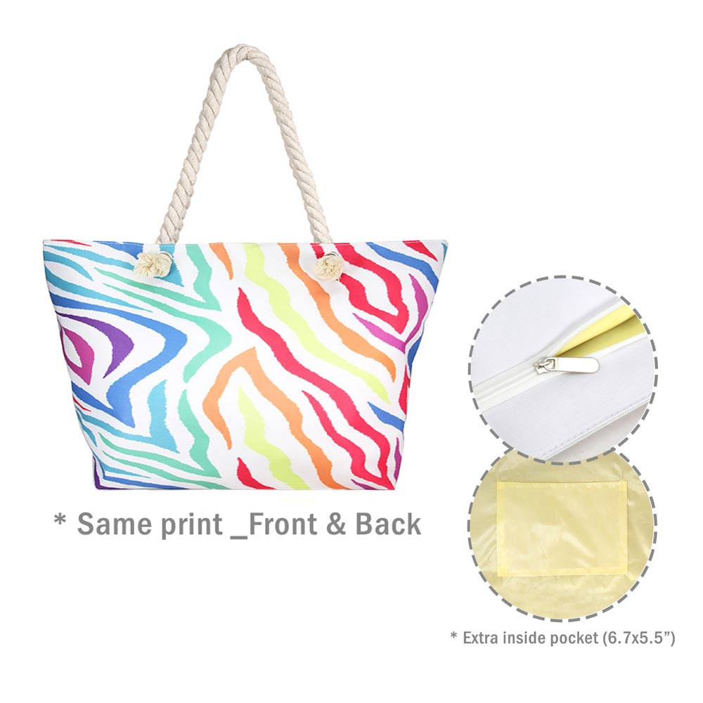 Multi Colorful Zebra Patterned Beach Tote Bag, This colorful zebra patterned tote bag is versatile enough for wearing through the week, simple and leisurely, elegant and fashionable, suitable for women of all ages, and ultra-lightweight to carry around all day. The interior has enough capacity for keys, phones, cards, sunglasses, purses, lipsticks, books, and water bottles. This beach tote bag can hold up all your daily necessities. 