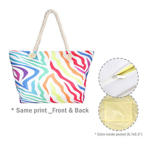 Multi Colorful Zebra Patterned Beach Tote Bag, This colorful zebra patterned tote bag is versatile enough for wearing through the week, simple and leisurely, elegant and fashionable, suitable for women of all ages, and ultra-lightweight to carry around all day. The interior has enough capacity for keys, phones, cards, sunglasses, purses, lipsticks, books, and water bottles. This beach tote bag can hold up all your daily necessities. 