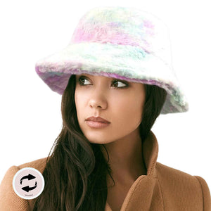 Reversible Colorful Soft Faux Fur Bucket Hat, stay warm and cozy, protect yourself from the cold, this most recognizable look with remarkable bold, soft & chic bucket hat, features a rounded design with a short brim. The hat is foldable, great for daytime. Perfect Gift for cold weather; Brown & Multi.