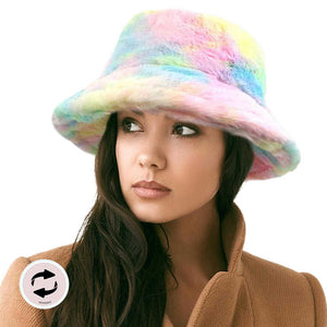 Reversible Colorful Soft Faux Fur Bucket Hat, stay warm and cozy, protect yourself from the cold, this most recognizable look with remarkable bold, soft & chic bucket hat, features a rounded design with a short brim. The hat is foldable, great for daytime. Perfect Gift for cold weather; Brown & Multi.