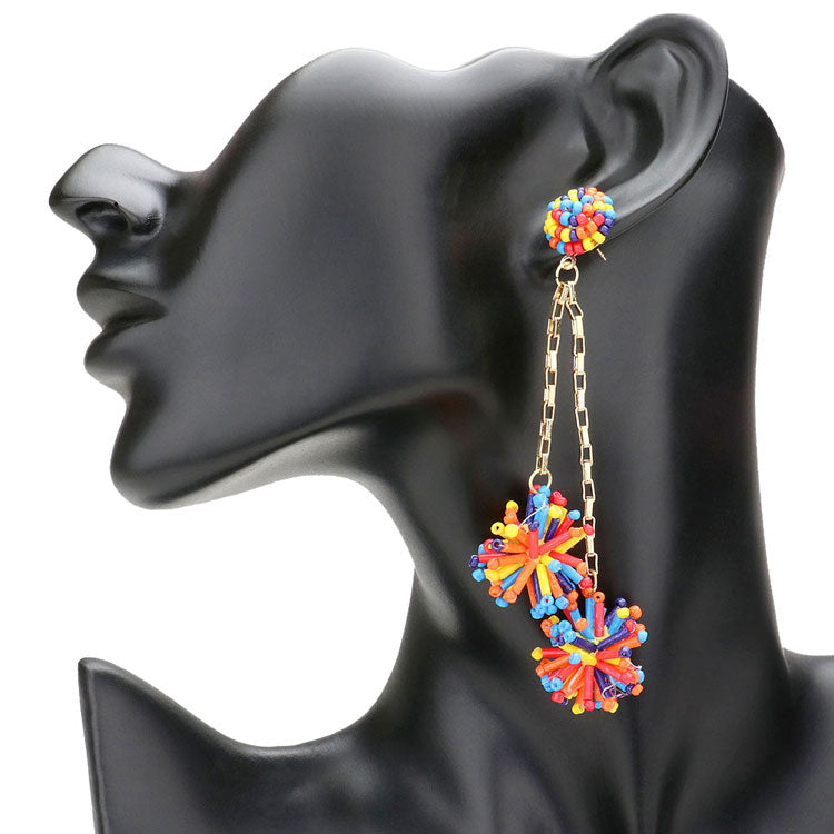 Multi Dropped Beaded Double Ball Dangle Earrings, Show your unique & trendy choice with these ball link dangle earrings; Featuring different color combinations for a bit of fashionable touch. Perfect for Fleur de Lis, the new year, parties, etc. Stay unique & beautiful! Great gift idea for your Loving One. Enjoy the moments!