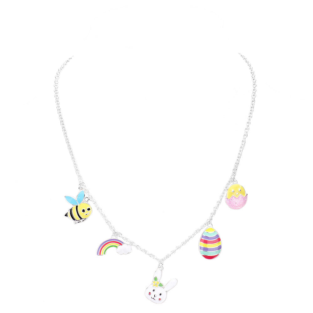 Multi Enamel Bee Rainbow Easter Egg Pendant Station Necklace, Perfect for the festive season to enhance your beauty with festive attire. Embrace the Easter spirit with these cute food/fruit-themed pendant necklaces. Also as a sweet gift for your woman, bride, ladies, mother, daughter, wife, and friends.