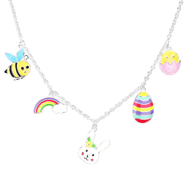 Multi Enamel Bee Rainbow Easter Egg Pendant Station Necklace, Perfect for the festive season to enhance your beauty with festive attire. Embrace the Easter spirit with these cute food/fruit-themed pendant necklaces. Also as a sweet gift for your woman, bride, ladies, mother, daughter, wife, and friends.