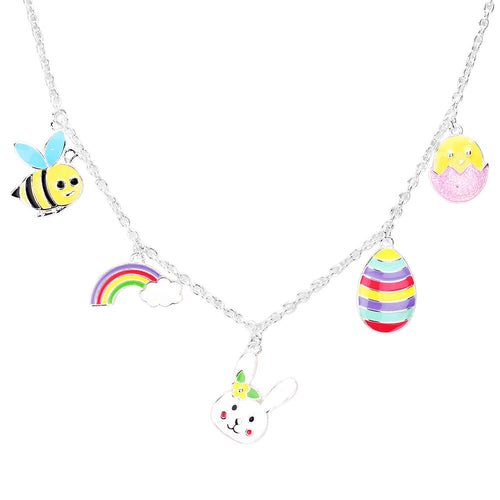 Enamel Bee Rainbow Easter Egg Pendant Station Necklace - Multi