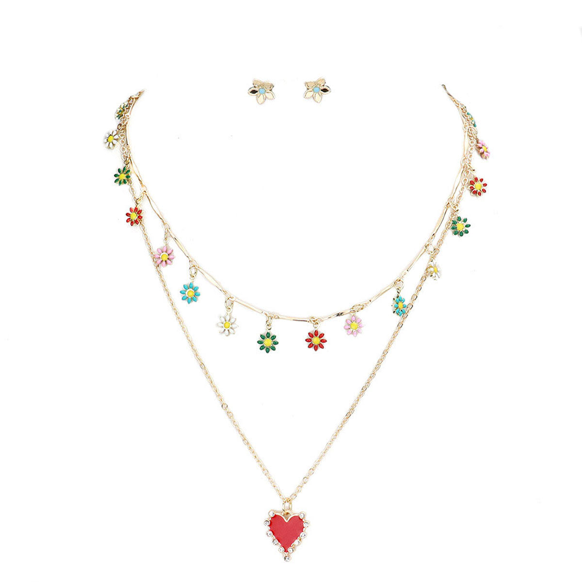 Multi Enamel Flower Station Rhinestone Trim Heart Pendant Necklaces. Beautifully crafted design adds a gorgeous glow to any outfit. Jewelry that fits your lifestyle! Perfect Birthday Gift, Anniversary Gift, Mother's Day Gift, Anniversary Gift, Graduation Gift, Prom Jewelry, Just Because Gift, Thank you Gift.