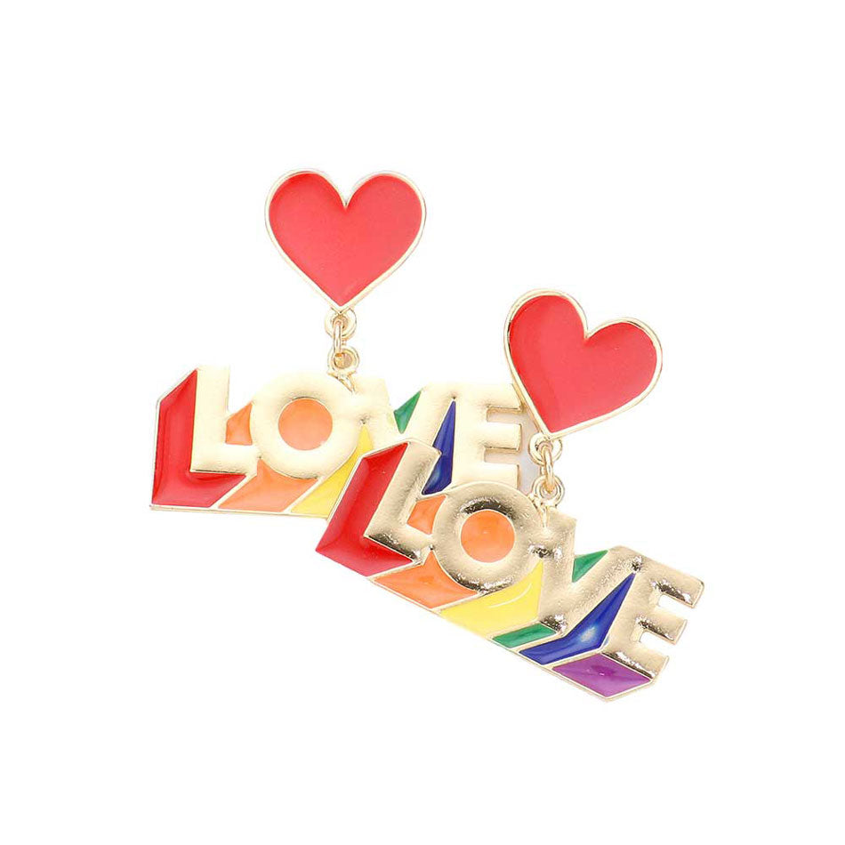 Multi Enamel Metal Heart Rainbow Love Message Link Dangle Earrings. Handcrafted jewellery that fits your lifestyle. Enhance your attire with these vibrant artisanal earrings to show off your fun trendsetting style. Great choice to treat yourself and This Love themed earrings is perfect for Holiday gift, Anniversary gift, Birthday gift, Valentine's Day gift for a woman or girl of any age