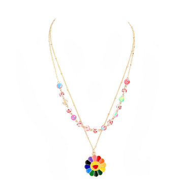 Multi Enamel Smile Pendant Flower Patterned Beaded Double Layered Necklace, put on a pop of color to complete your ensemble. Perfect for adding just the right amount of shimmer & shine and a touch of class to special events. Perfect Birthday Gift, Anniversary Gift, Mother's Day Gift, Graduation Gift, Valentine’s Gift.