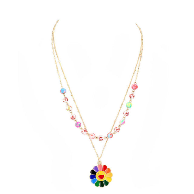 Multi Enamel Smile Pendant Flower Patterned Beaded Double Layered Necklace, put on a pop of color to complete your ensemble. Perfect for adding just the right amount of shimmer & shine and a touch of class to special events. Perfect Birthday Gift, Anniversary Gift, Mother's Day Gift, Graduation Gift, Valentine’s Gift.