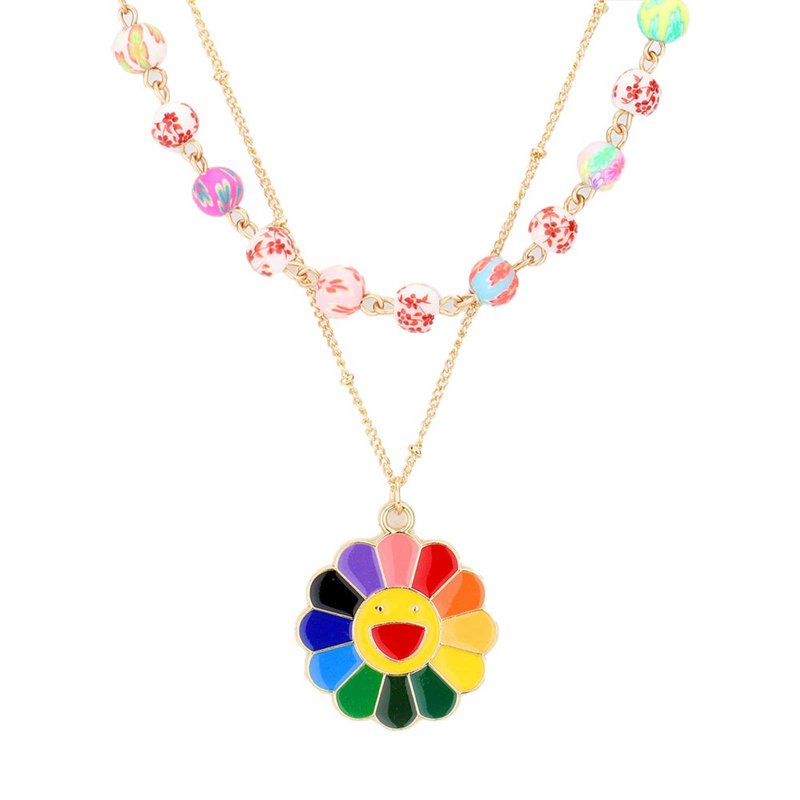 Multi Enamel Smile Pendant Flower Patterned Beaded Double Layered Necklace, put on a pop of color to complete your ensemble. Perfect for adding just the right amount of shimmer & shine and a touch of class to special events. Perfect Birthday Gift, Anniversary Gift, Mother's Day Gift, Graduation Gift, Valentine’s Gift.