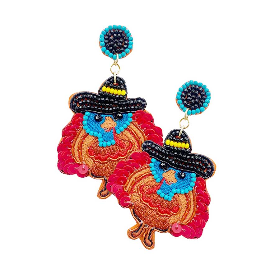 Fashionable Felt Back Beaded Turkey Dangle Earrings. Get ready with these Animal theme Turkey printed earrings as part of your festive outfit. The colors are vibrant and the design is a seasonal delight. This  animal earrings can be worn for Halloween parties, cosplay, costume party, display, birthday, Thanksgiving, events, festivals, and so on, also nice for festive decorations gifts for your friend's and families.